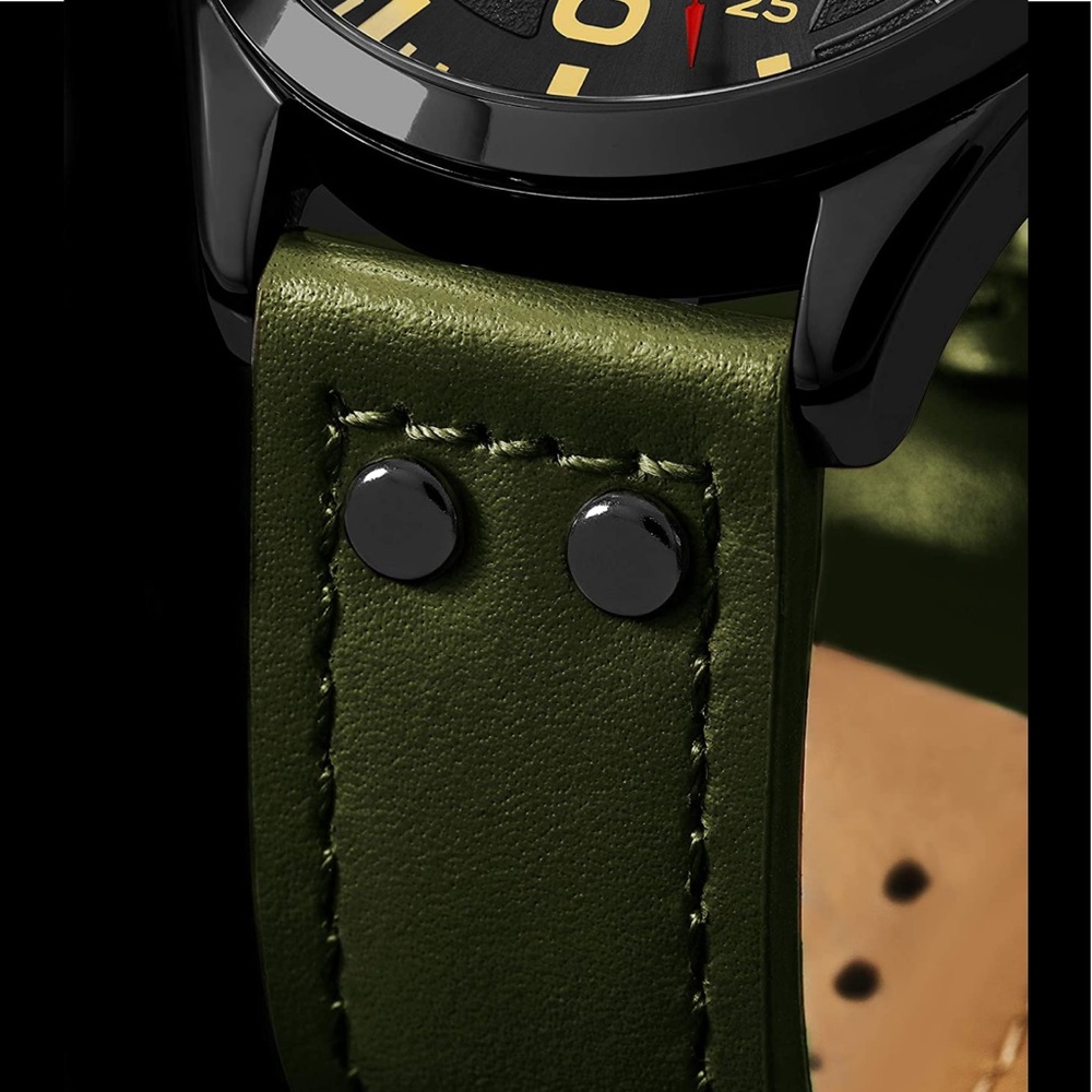 BRAND NEW STYLISH MENS AVIATOR WATCH W/ GREEN LEATHER BAND. NWT - Picture 4 of 7
